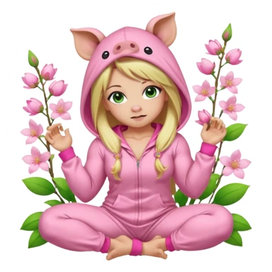 sexy and muscled, full body, in pink kegurumi pijamas, pig hood, sexy girl, long blond hair, beautiful green eyes, makeup, earrings, muscled, surrounded by pink flowers and sakura petals sticker