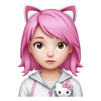 Female pink hair Wearing white and light pink clothing with hello kitty accessories sticker