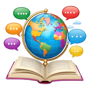 An icon showing a globe surrounded by speech bubbles with greetings in different languages, like 'Hello,' 'Hola,' and 'Bonjour.' The design includes an open book and a quill, symbolizing learning and communication. Transparent background emphasizes global connection through language. sticker