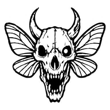 detailed red line art of nightmarish minotaur-stoat hybrid skull with broken horn and glowing eye, with moth wings, featuring mostly empty transparent center with detailed elements concentrated around the edges, heavily weathered perimeter with deliberate damage, hollow middle, twisted features, 100% red sticker