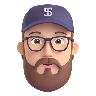 adventurer with goatee beard (no beard on cheeks), short hair, glasses and backwards baseball cap sticker