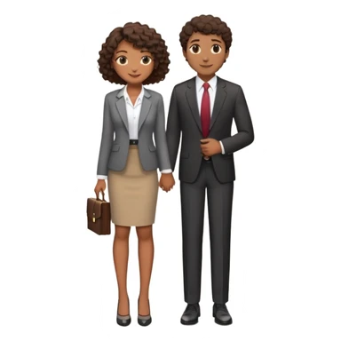 gostaria que você fizesse um casal no estilo emoji ios 18 stickers, uma menina negra, a menina está com um sorriso de boca fechada, ela tem o cabelo cacheado e curto na medida do ombro, o tom de pele dela é marrom médio, roupa de escritório, gostaria que fosse um emoji de corpo todo e ela estivesse usando uma saia até o joelho e salto alto, com aspecto que trabalha no RH de uma grande e  o homem ao lado dela, de mãos dadas, ele tem o tom de pele bronzeado, é mais alto que ela, ele usa roupa social e gostaria que ele tivesse um aspecto de advogado, o cabelo dele é liso castanho escuro, ele está com um sorriso fechado sticker
