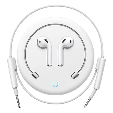 Ultra minimalist white Apple EarPods with cord coiled in a perfect circle, extremely simplified design with minimal details, basic clean outlines, just the essential shape of white headphones and wire in a circle, iOS style sticker