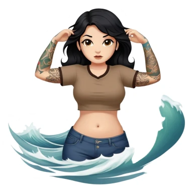 A girl with fair skin and a little fat - long black hair with big waves - tattoos on the upper arm - no tattoos on the lower arm - wearing a brown navel-revealing short-sleeved shirt - full body photo - tattoos only on the upper arm sticker