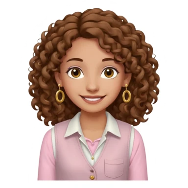 chica un poco morena (no demasiado), pelo rizado largo, sonriendo, con ojos grandes y marrones con camisa rosa palo y un chaleco blanco y aretes dorados en forma de circulo en sus orejas  sticker