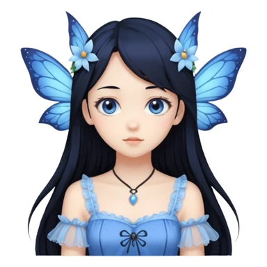 Gothic anime fairy with long beautiful black hair and blue dress, pastelcore, sticker
