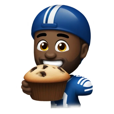 Black man with beard while wearing Colts football helmet eating a chocolate chip muffin sticker