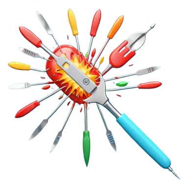 A hyper-realistic surgical scalpel exploding into a vibrant burst of medical and emotional emoji (🩺💉🧬🫀🤕😵✨). Dynamic composition, emoji art style, 3D render, Pop Art. Shallow depth of field, studio lighting, clean pastel background. --ar 16:9 sticker