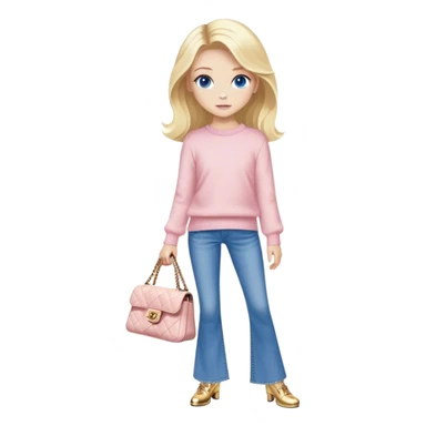 A blonde girl with blue eyes and a blow out as the hairstyle. She is standing with a white Chanel bag and wears flared Jeans and a light pink pullover. For shoes she wears golden goose. sticker