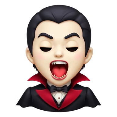 Cinematic Cute Yawning Vampire Portrait Emoji, with a small, rounded, charming pale face accented with tiny playful fangs and droopy, half-closed eyes, head tilted in an adorable wide yawn, dressed in miniature elegant dark attire with a hint of crimson, simplified yet irresistibly endearing, highly detailed with a soft, mysterious glow and gentle outline that captures the cute, drowsy side of an immortal! sticker