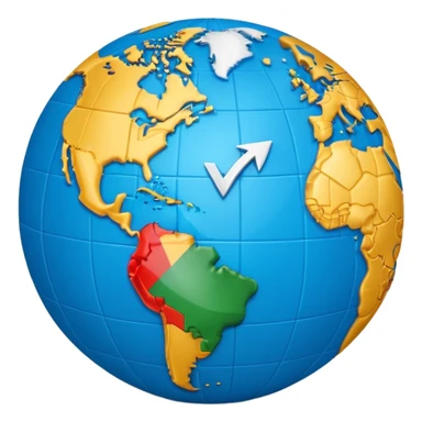 3D globe in Apple emoji style, Germany clearly marked in Europe, blue arrow pointing from Germany to USA in North America, word 'VPN' in modern bold sans-serif font, smooth gradients, soft shadows, realistic 3D look, no other text, suitable for Instagram Reel sticker