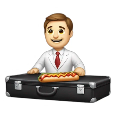 A professor with white suit and red tie and a panda face eating a hotdog and holding a black suitcase sticker