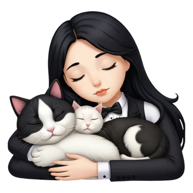 One beautiful long Black hair girl sleeping next to a tuxedo cat sticker
