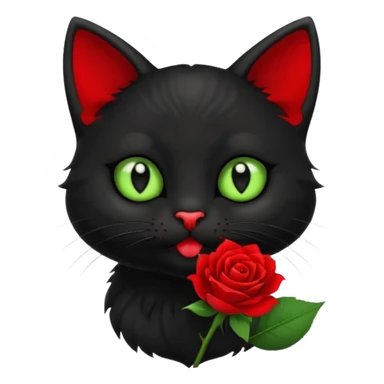 Cute emoji-style black cat holding a red rose in its mouth, big round eyes with light green sclera and black pupils, fluffy fur, clean mascot style, centered, soft beige background, 1:1 ratio. sticker