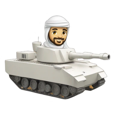 prince from Saudi Arabia with a beard in a white  shemagh national headdress riding  on a tank, smiling sticker