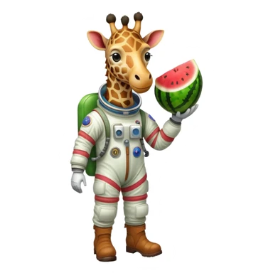 a round watermelon body with only the head of a giraffe sticking out, wearing brown boots and an astronaut helmet sticker