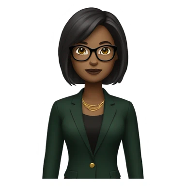 memoji, a woman with dark brown shoulder-length hair, wearing black glasses, dark skin,green and gold earrings, a black blazer over a black top sticker