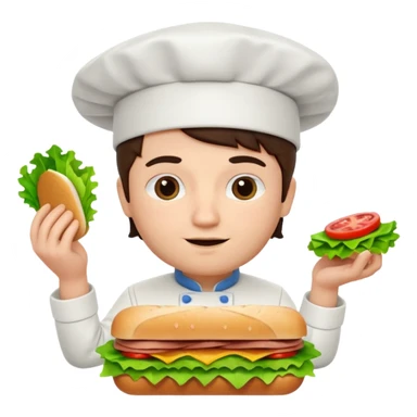 A 3D cartoon chef assembling a fresh sandwich with lettuce and meat, clean kitchen background, Memoji-style. sticker