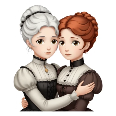 Two Victorian women with grey eyes in a sad, intimate hug. One has bright white coiffed hair, the other has dark copper coiffed hair. Both wearing Victorian high-neck dresses and embracing tightly. sticker