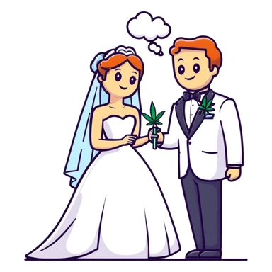 Bride in white dress and groom in tuxedo sharing a cannabis joint, cheerful cartoon wedding couple with festive colorful background sticker