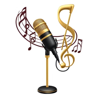 Create a sophisticated and smooth emoji representing jazz vocal performance. The design should feature a stylized microphone, with musical notes swirling around it to convey the fluid, improvisational nature of jazz. Add subtle elements like a vintage microphone stand or a hint of a singer’s silhouette in the background to reflect the live, intimate feel of jazz performance. Use deep, rich colors like gold, black, and burgundy to evoke the classic, smooth vibes of jazz. The background should be transparent. sticker