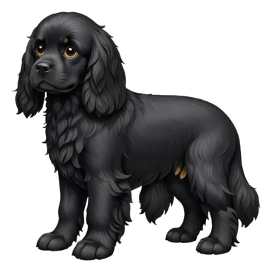 cinematic-[black cocker spaniel dog]-realistic-full-body-sitting-emoji,-tail-resting-loosely-beside-its-paws,-head-tilted-dramatically,-scruffy-[solid black]-fur,-simplified-yet-realistic-focused-features,-highly-detailed,-glowing-with-an-almost-sarcastic-glow sticker