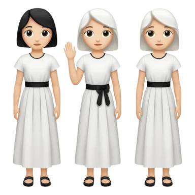 vull un perosnatge estil bimoji que sigui com una nimfa bella i fantasmal amb túniques blanques. Té la pell literalments blanca com el guix, cabell platejat, un nas llarg, ulls negres grans i llavis carmesí. que estigui somrient sense arrecades i roba vermella i blanca sticker