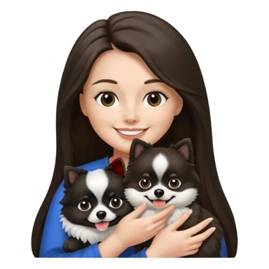 A woman who has brunette long hair is holding a black and white 1 Pomeranian dog who has black face but in the middle he has a white line from the nose sticker