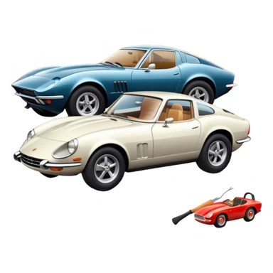 Collage emoji symbolizing a passion for cars: a sleek sports car, a vintage classic car, and an off-road SUV. The background features a cozy garage with tools, car posters, and warm lighting, emphasizing a home hobby atmosphere. Transparent background. sticker