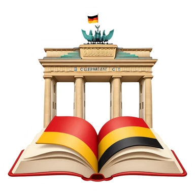 An icon featuring the Brandenburg Gate and the big flag of Germany, symbolizing the German language. The design includes an open book with German text representing language learning and German culture. Transparent background highlights the essence of German heritage. sticker