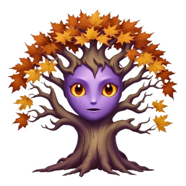 An ancient, psychic tree evolves by absorbing the essence of fallen autumn spirits, sprouting a radiant, maple-crowned face that channels both forest wisdom and fiery seasonal magic through its gnarled. Purple eyes, sharp teeth sticker