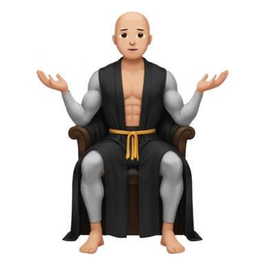fullbody jacked bald guy, sleeveless and unbuttoned in full black robe sitting sticker