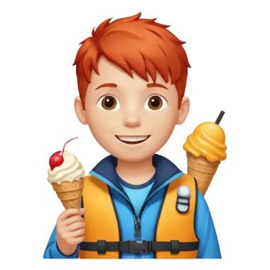 boy kid red haired wearing lifejacket, eating ice cream, sun sticker
