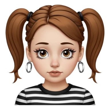 a white girl with brown hair in very low pigtails black eyeliner big false eyelashes with a septum piercing nose piercing big hoop earings dermals close to the eyes one on each side wearing a black and white striped long sleeve shirt sticker