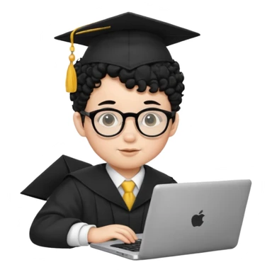A baby boy DEVELOPER WITH A laptop, black curly hair and topknot, wearing glasses and a mortarboard sticker