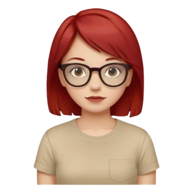 girl short-layer-red-hair wear beige T-shirt, wear dark red glasses sticker