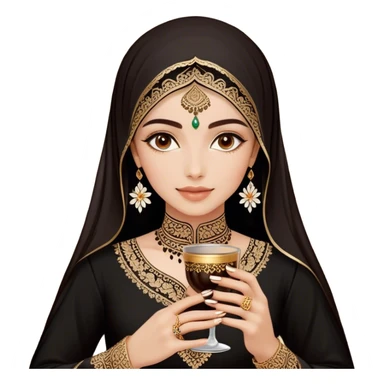 A delicate hand adorned with intricate floral henna designs holds a traitional glass of Arabic coffee. The deep brown henna contrasts beautifully with the rich embroidery of the black outfit, which features shimmering floral patterns. A gold ring and dark nail polish add elegance to the aesthetic. sticker
