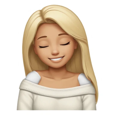 Mujer color de piel moreno claro, con cabello rubio largo, lacio y suelto, ojos negros, usando un suéter off shoulders blanco, sonriendo sin enseñar los dientes durmiendo  sticker