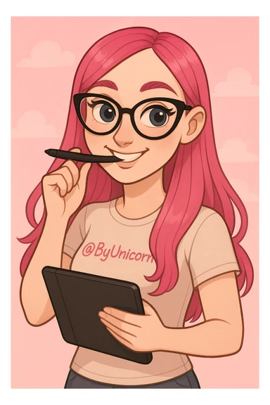девушка с референса в рисованном милом стиле, у девушки розовые длинные прямые волосы, большие выразительные голубые глаза, черные очки для зрения формы кошачий глаз, нос чуть с горбинкой, девушка улыбается а в зубах прикусывает перо от графического планшета, которое она держит в руке, а в другой руке держит сам планшет 
одета девушка в светло-бежевую облегающую футболку с вышивкой розовым цветом @ByUnicorn, фон градиентный розовый, можно добавить легкие воздушные нежные облака sticker