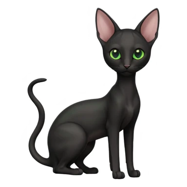 A 3D cartoon black Oriental Shorthair cat with sleek body, tall ears, reflective fur, dark cinematic background, Memoji-style. full body or half body. sticker