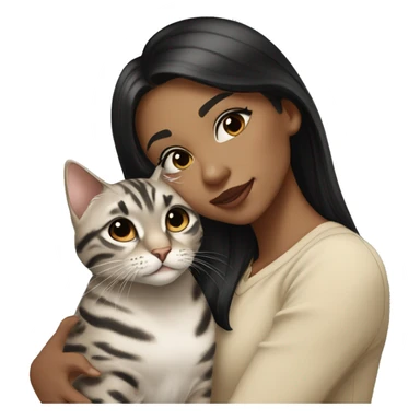Girl with light skin, black eyes, shoulder length straight black hair, wears a beige blouse outfit, kissing a silver bengal cat  sticker