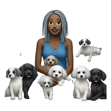Fair skinned lady with gray dreadlocks sitting on blue sectional sofa with 9 black and white puppies  sticker