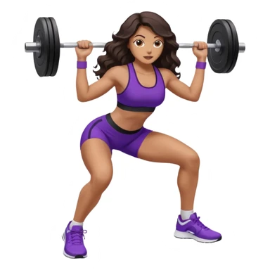mujer de tez trigueña, con cabello castaño oscuro ondulado no muy marcado, hasta las nalgas super largo estilizado, con ropa deportiva morada/lila, tenis blancos deportivos y levantando una pesa sticker