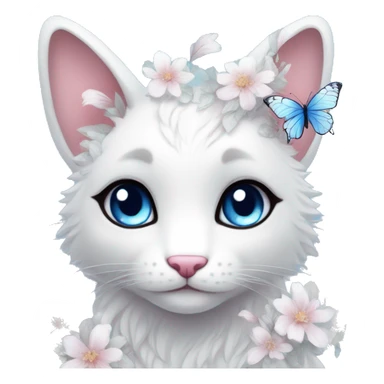 Edgy Cute Cool Kawaii gorgeous sparkly ethereal white fantasy animal with blue eyes sona with flowers and butterflies beautiful aesthetic sticker