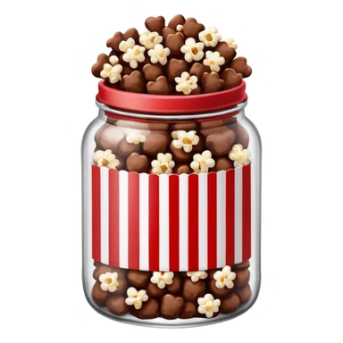 Chocolate popcorn in a jar with red and white vertical lines sticker