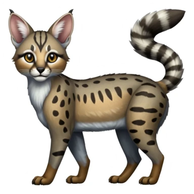 Realistic patterned marked edgy greyish blackish whitish silvery Shiny Colorful Glossy Genet-Caracal-Lion-Bobcat-fusion-animal-hybrid-creature, full body, tufted ears, long thin tufted tail sticker