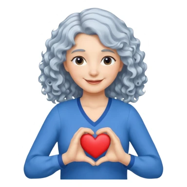 Silverhair, wavy/curly hair chin-length lady giving hug with 2 arms, blue v-neck and smiling, add a heart sticker