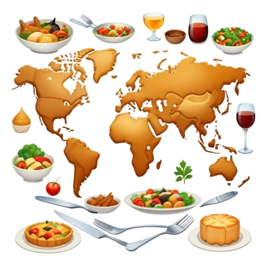 Icon for Culinary Tourism: a world map with food elements like a fork, knife and dish, surrounded by iconic dishes from various countries. The icon should represent the exploration of global cuisines and travel experiences. Transparent background. sticker