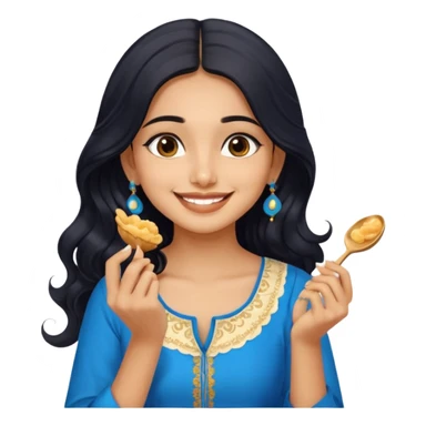 a pretty tan indian bratz girl with wavy long BLACK hair. eyeliner on, wearing a blue kurti, eating golgappa (without spoon) sticker