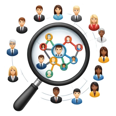 An icon featuring a network of interconnected people, a magnifying glass, and a chart, symbolizing sociology. The design includes diverse figures and social patterns, representing the study of society, behavior, and social structures. Transparent background highlights human interaction sticker